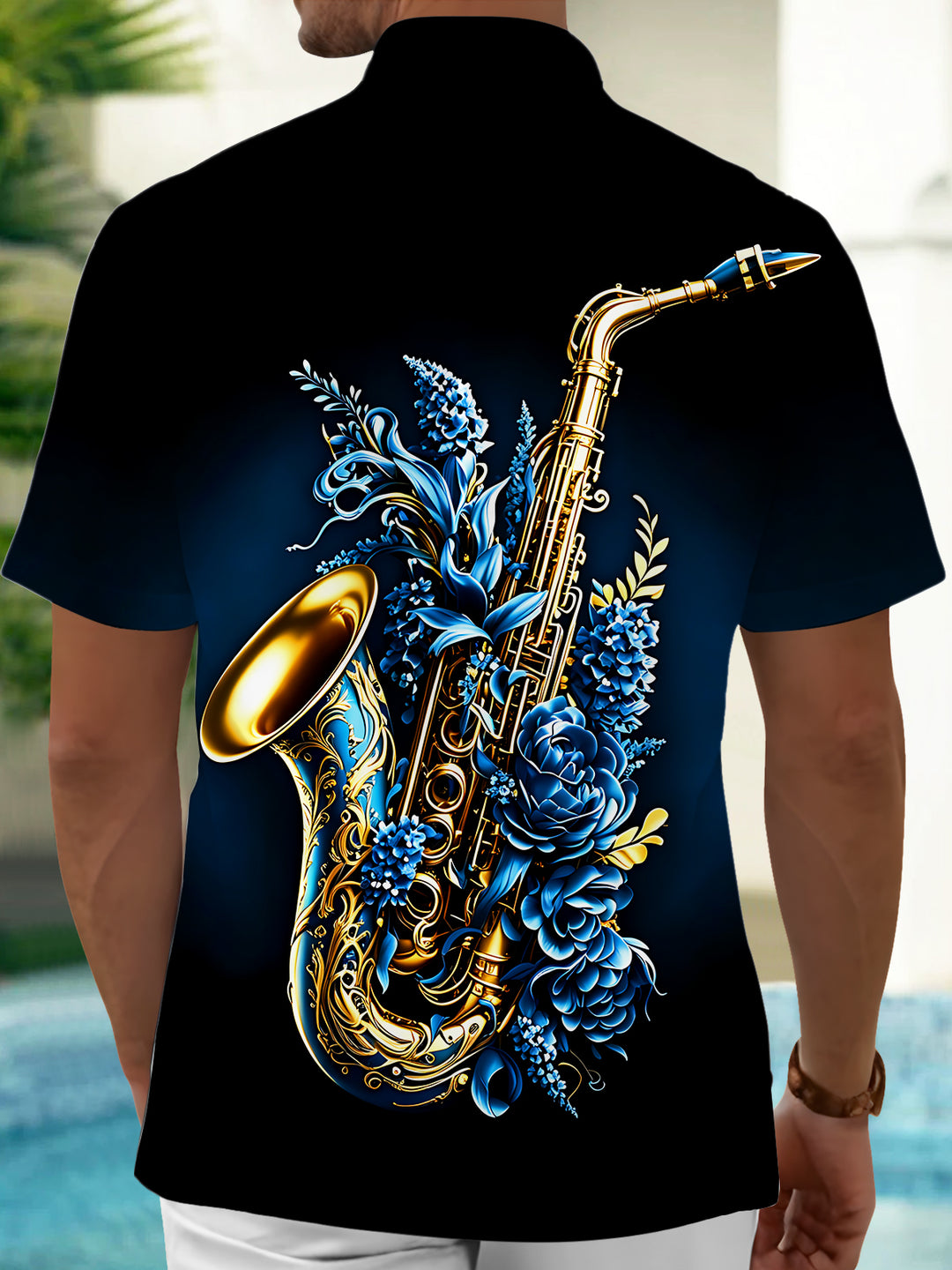 Oceanlyte Men's Saxophone Floral Graphic Print Short Sleeve Button Down Shirt with Chest Pocket