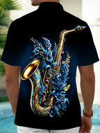 Oceanlyte Men's Saxophone Floral Graphic Print Short Sleeve Button Down Shirt with Chest Pocket