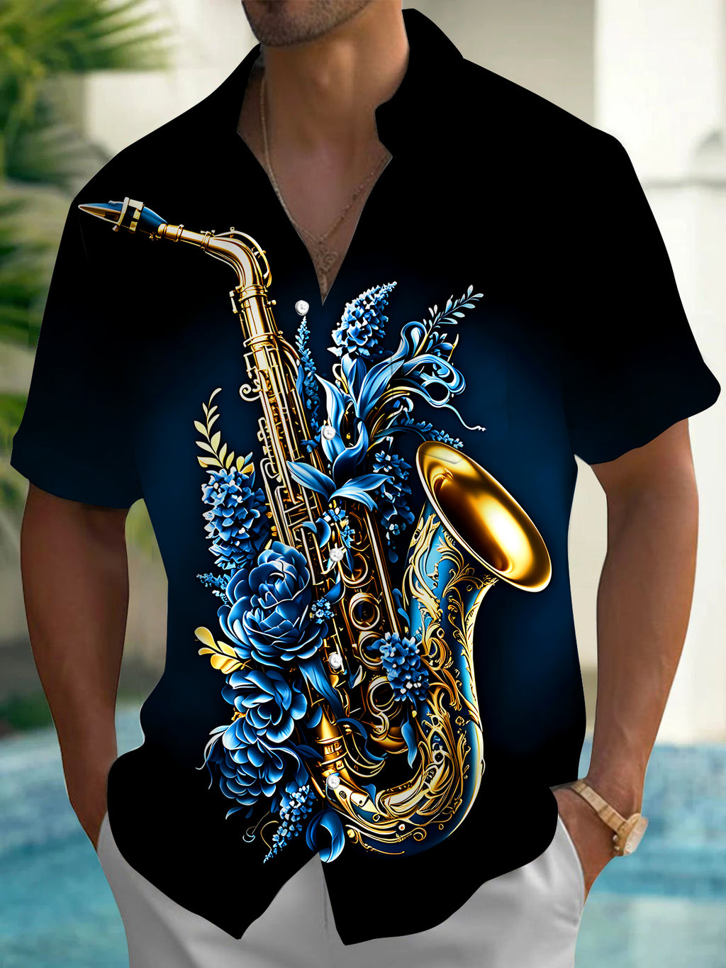 Oceanlyte Men's Saxophone Floral Graphic Print Short Sleeve Button Down Shirt with Chest Pocket