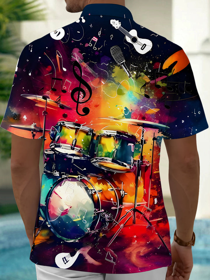 Oceanlyte Men's Graphic Abstract Drum Set Musical Notes Print Short Sleeve Button Down Shirt with Chest Pocket