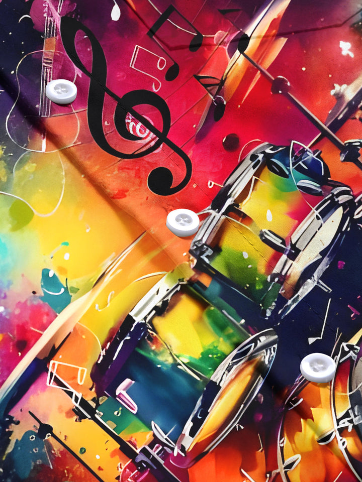 Oceanlyte Men's Graphic Abstract Drum Set Musical Notes Print Short Sleeve Button Down Shirt with Chest Pocket