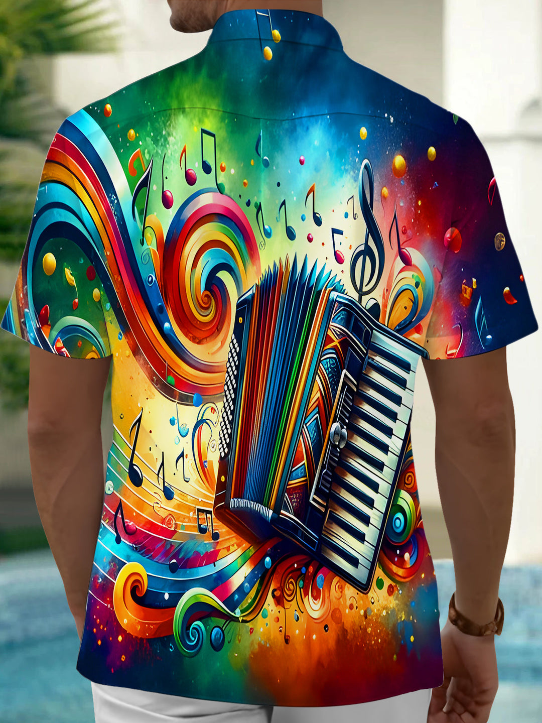 Oceanlyte Men's Abstract Colorful Accordion Music Graphic Print Short Sleeve Button Down Shirt with Chest Pocket