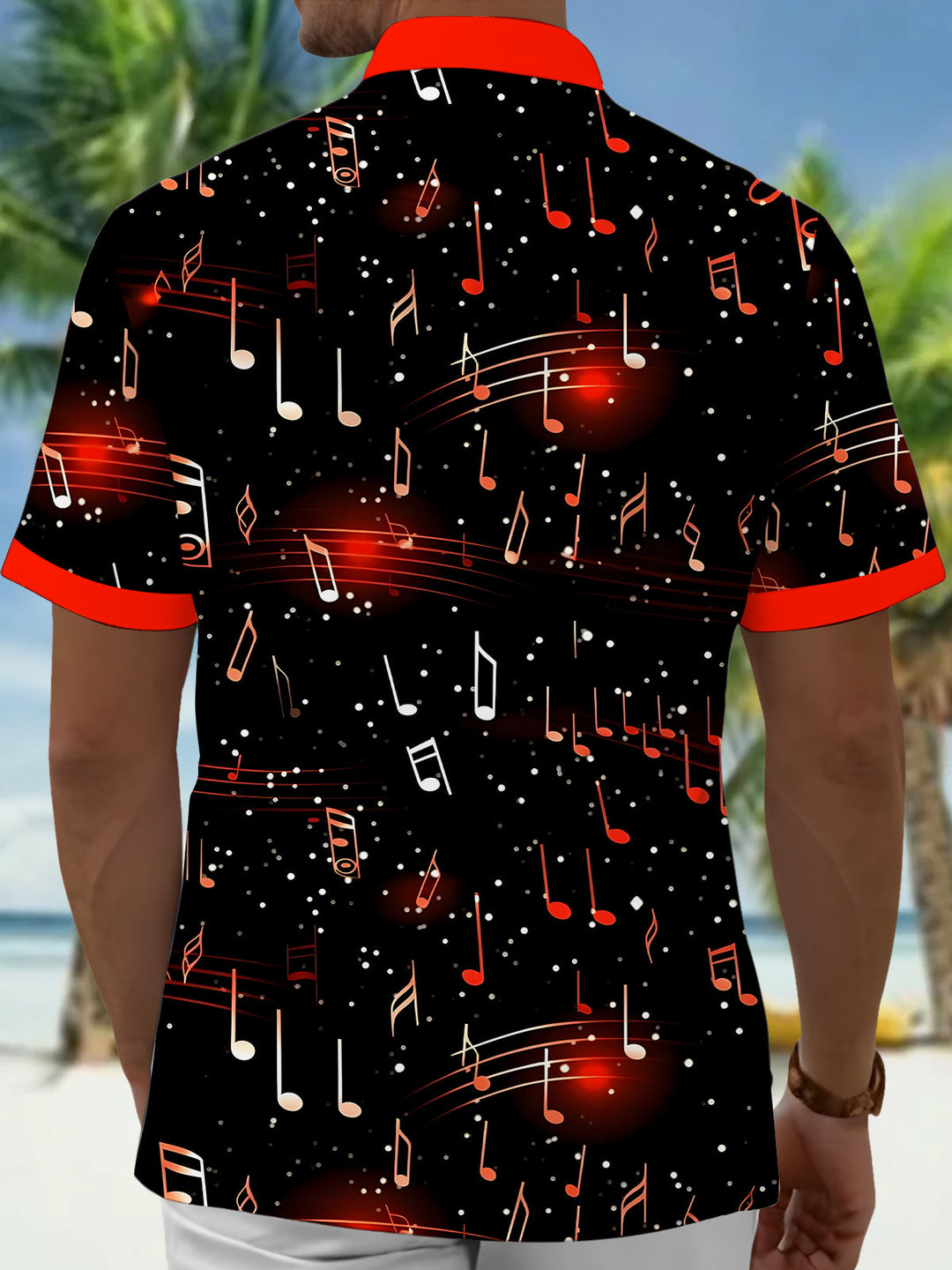 Men's Graphic Musical Note Pattern Print Short Sleeve Button Down Shirt with Chest Pocket