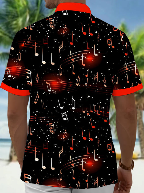 Men's Graphic Musical Note Pattern Print Short Sleeve Button Down Shirt with Chest Pocket
