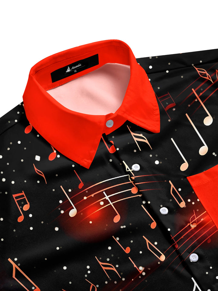 Men's Graphic Musical Note Pattern Print Short Sleeve Button Down Shirt with Chest Pocket