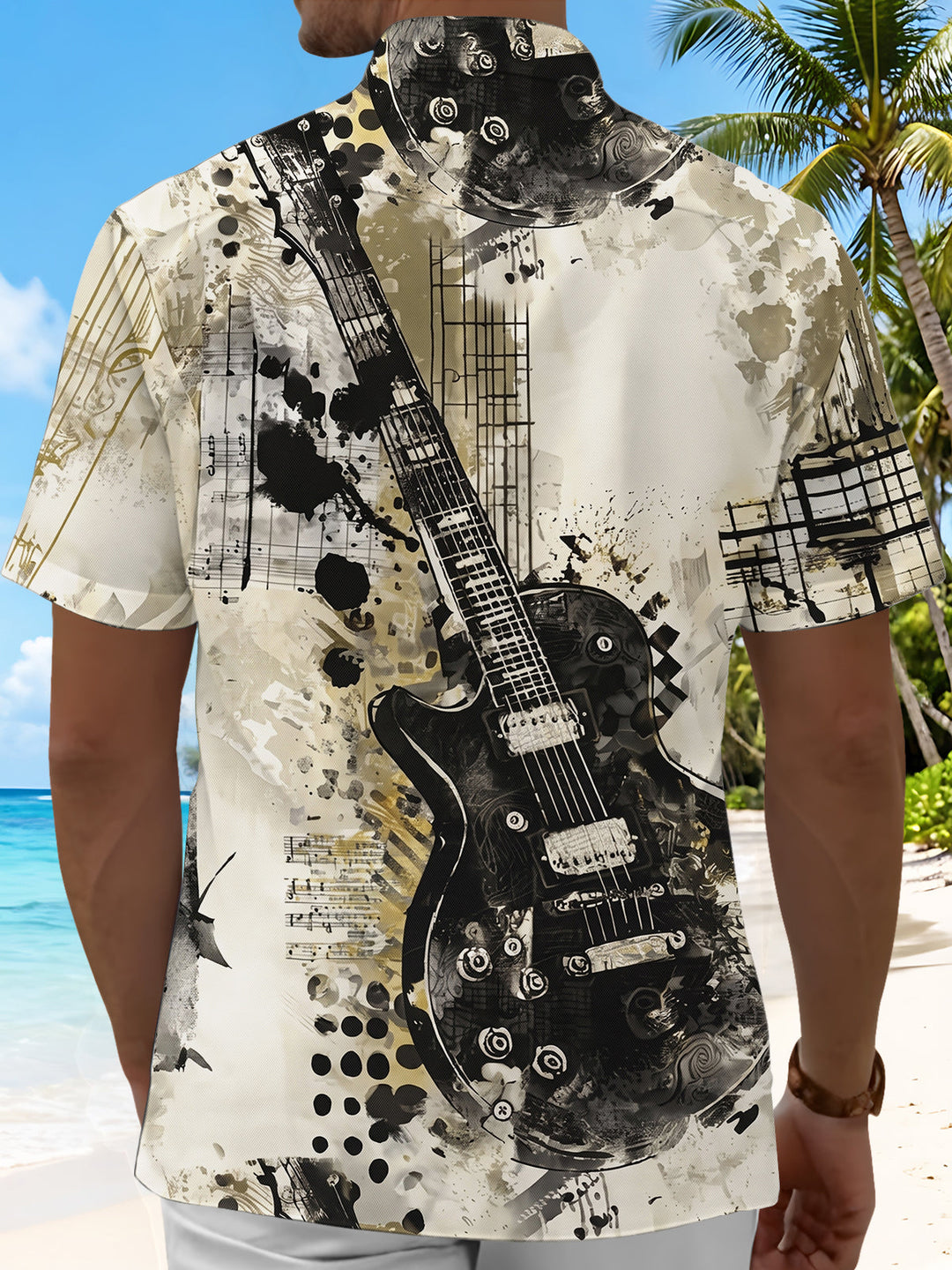 Oceanlyte Men's Graphic Electric Guitar Musical Notes Print Short Sleeve Button Down Shirt with Chest Pocket