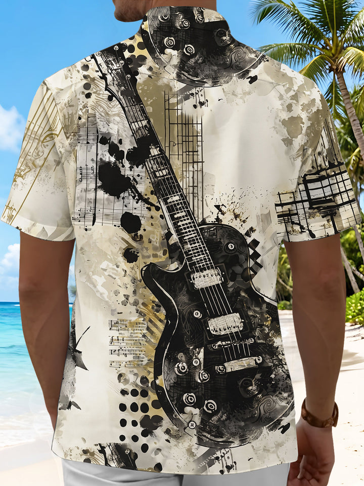 Oceanlyte Men's Graphic Electric Guitar Musical Notes Print Short Sleeve Button Down Shirt with Chest Pocket