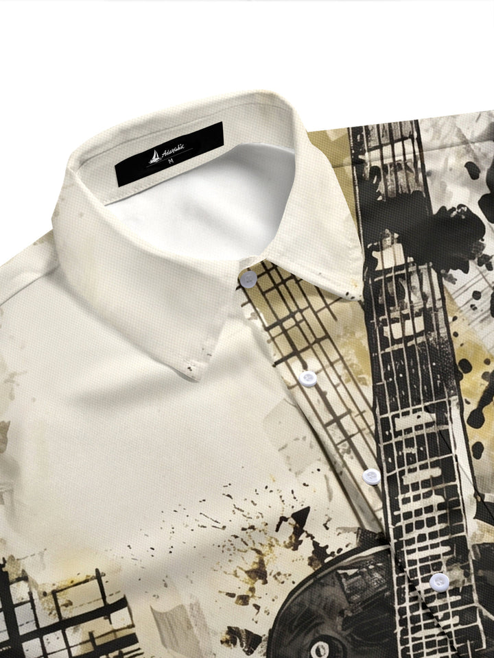 Oceanlyte Men's Graphic Electric Guitar Musical Notes Print Short Sleeve Button Down Shirt with Chest Pocket