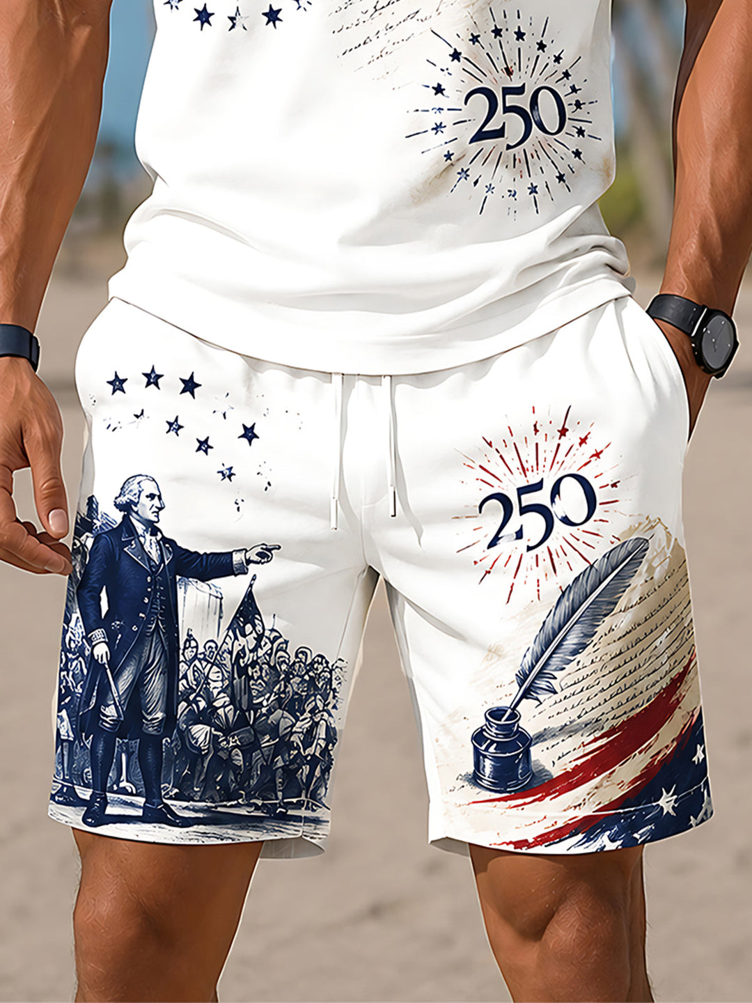 USA 250th Anniversary Independence Day Founding Father Washington Independence Declaration Men's Short Sleeve Zipper Polo Set