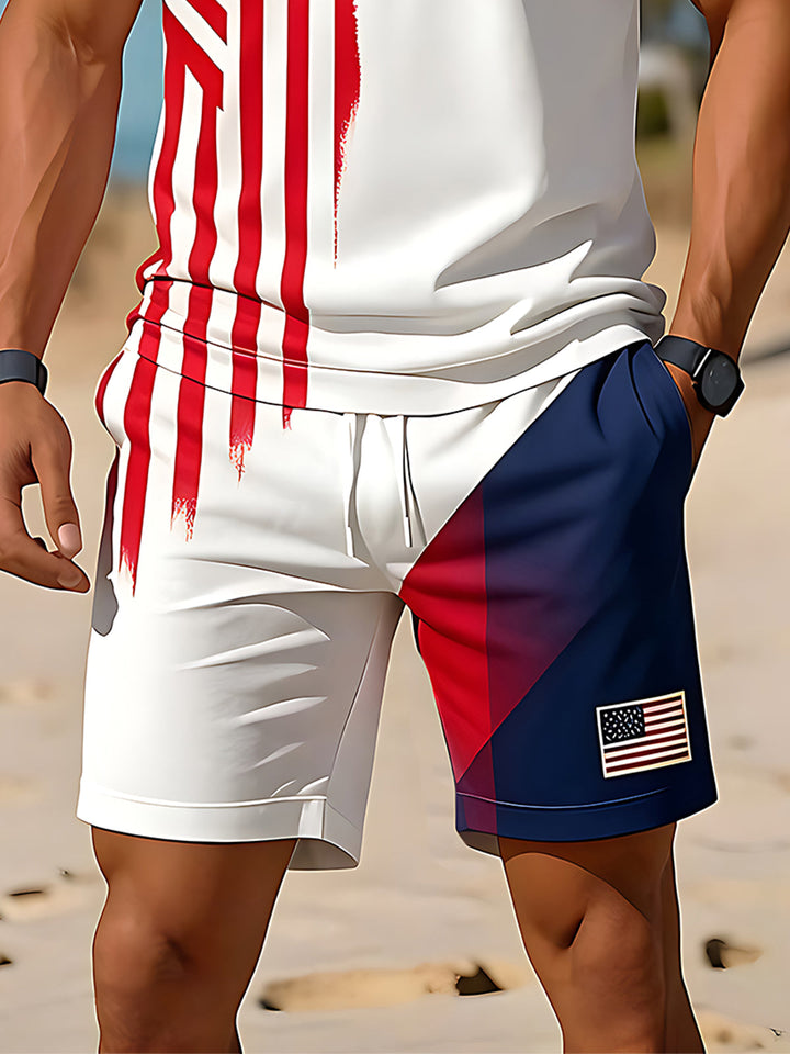 Independence Day American Flag Gradient Eagle Emblem Men's Short Sleeve Zipper Polo Set