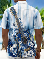 Blue Floral Guitar Gradient Abstract Music Men's Pocket Short Sleeve Shirts