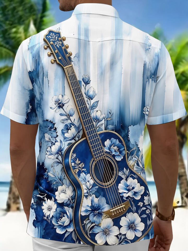 Blue Floral Guitar Gradient Abstract Music Men's Pocket Short Sleeve Shirts