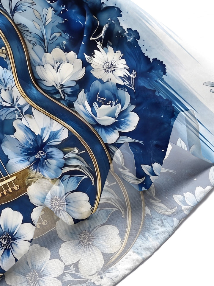 Blue Floral Guitar Gradient Abstract Music Men's Pocket Short Sleeve Shirts