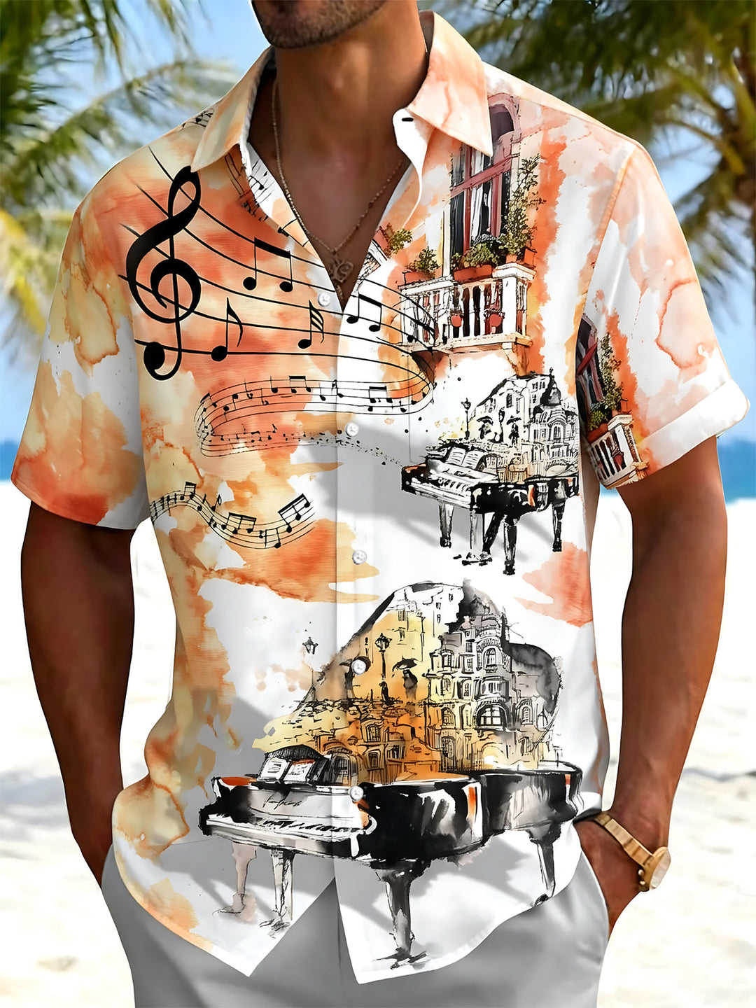 Oceanlyte Men's Graphic Watercolor Piano Music Notes Print Short Sleeve Button Down Shirt with Chest Pocket