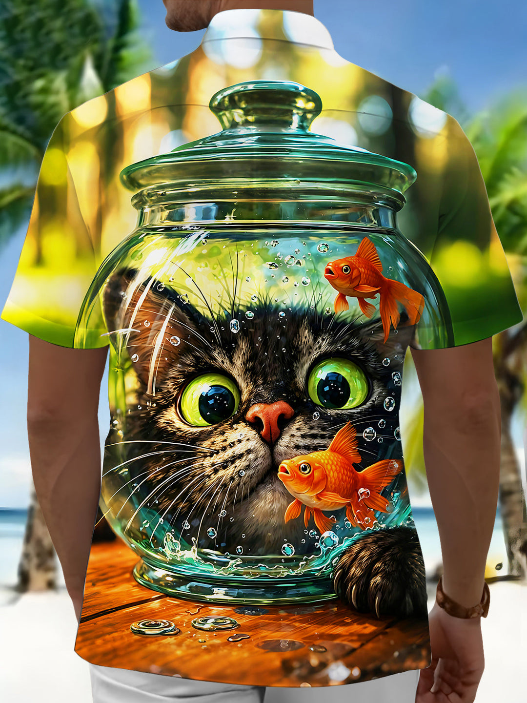 Fun Cat & Goldfish In A Jar Men's Pocket Short Sleeve Shirts