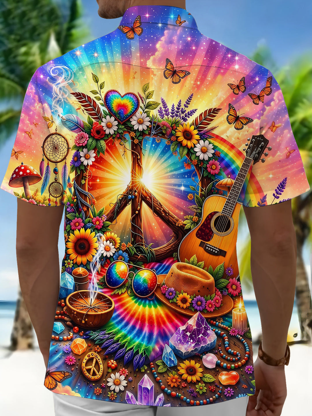 Hippie Peace Colorful Guitar Bohemian Men's Pocket Short Sleeve Shirts