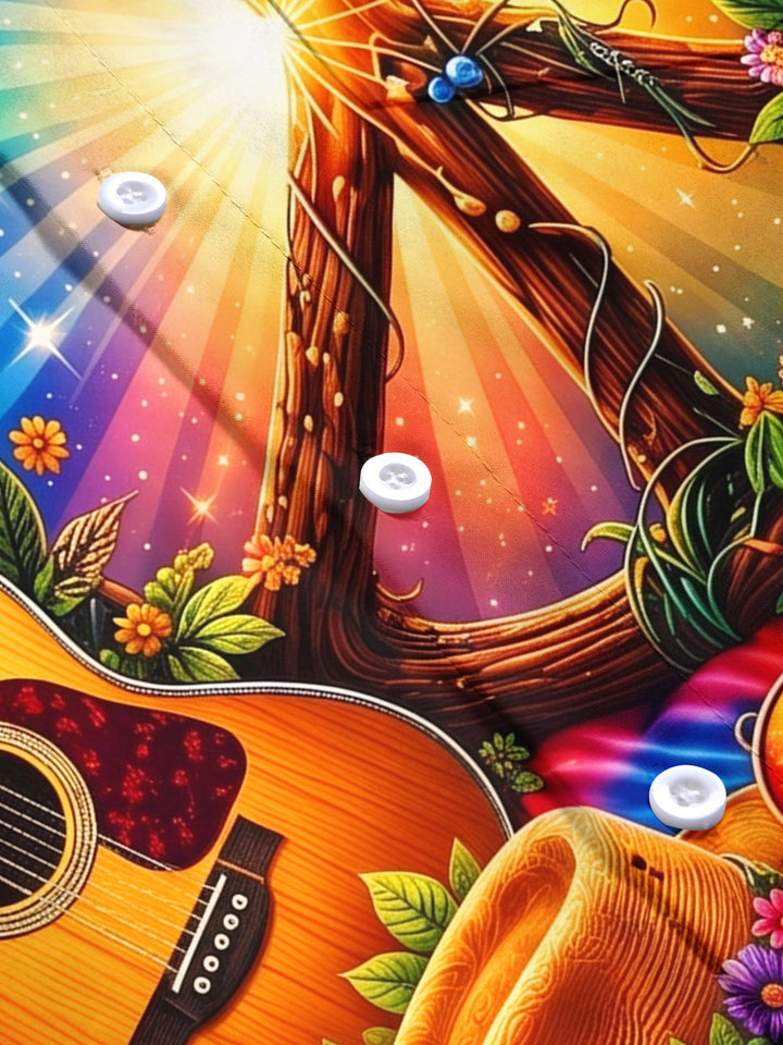 Hippie Peace Colorful Guitar Bohemian Men's Pocket Short Sleeve Shirts