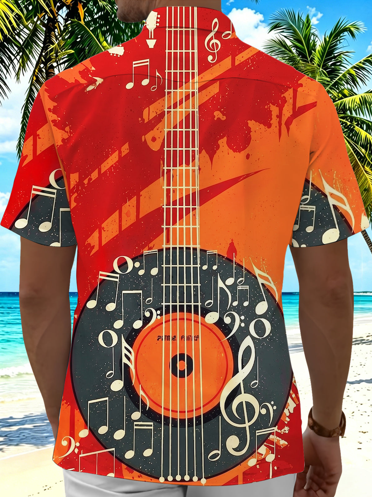 Oceanlyte Men's Graphic Acoustic Guitar Vinyl Record Music Print Short Sleeve Button Down Shirt with Chest Pocket