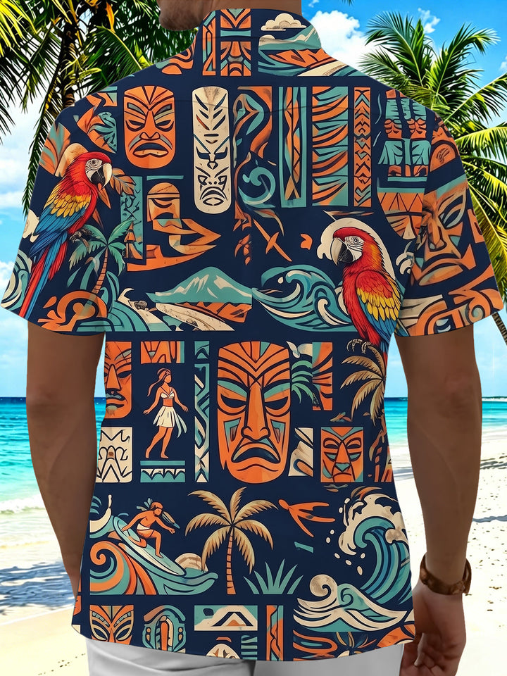 Hawaiian Tribal Tiki Mask Parrot Men's Pocket Short Sleeve Shirts