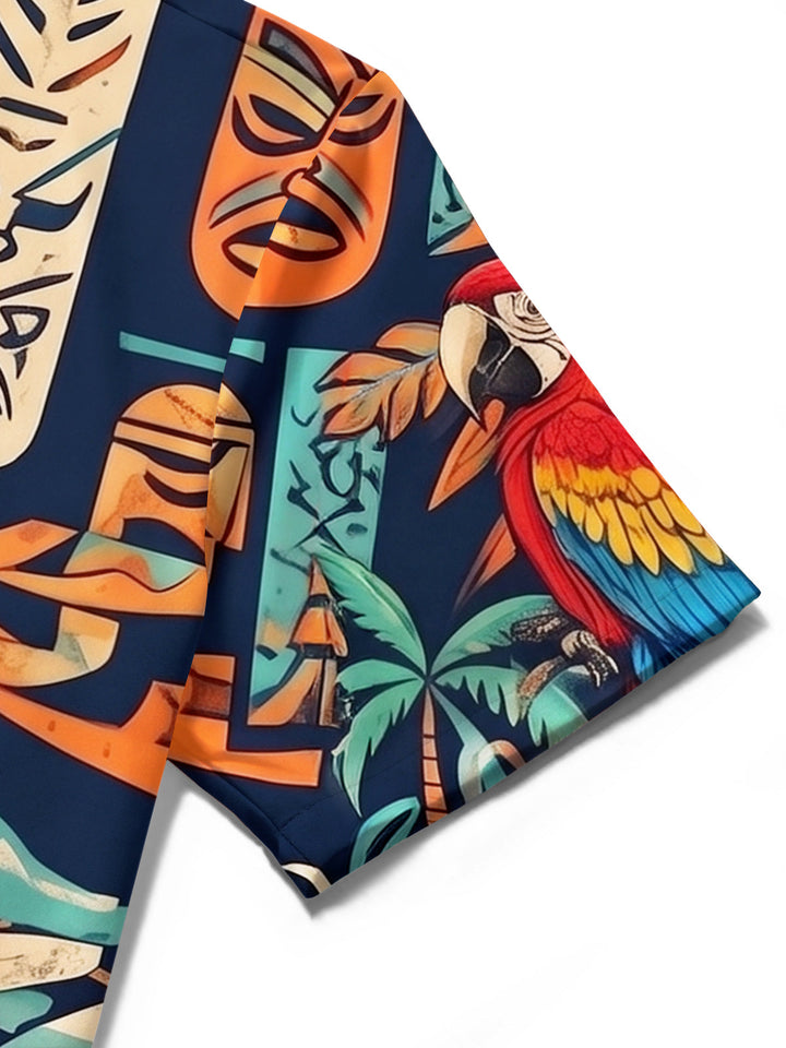 Hawaiian Tribal Tiki Mask Parrot Men's Pocket Short Sleeve Shirts