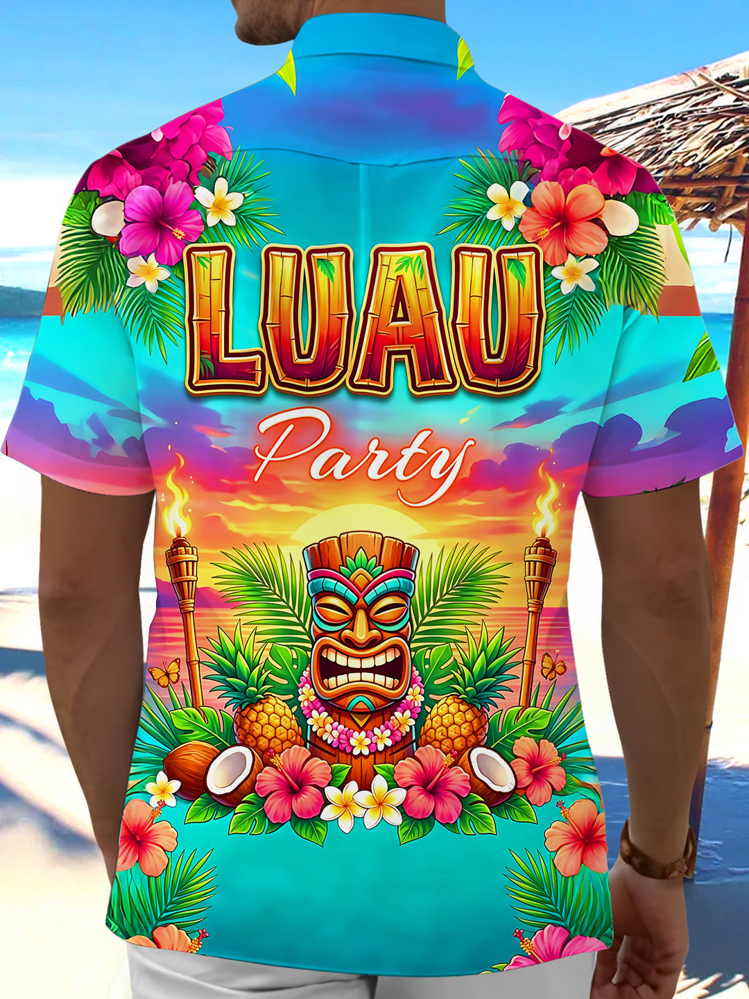 Hawaiian Luau Party Tiki Totem Hibiscus Flower Men's Pocket Short Sleeve Shirts