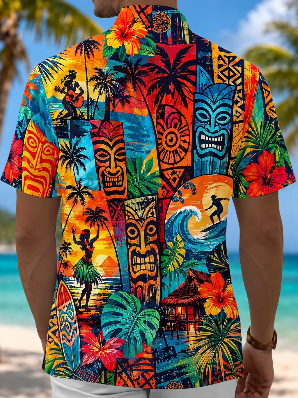 Vintage Hawaiian Tiki Totem Surf Hibiscus Men's Pocket Short Sleeve Shirts