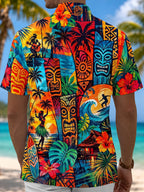 Vintage Hawaiian Tiki Totem Surf Hibiscus Men's Pocket Short Sleeve Shirts