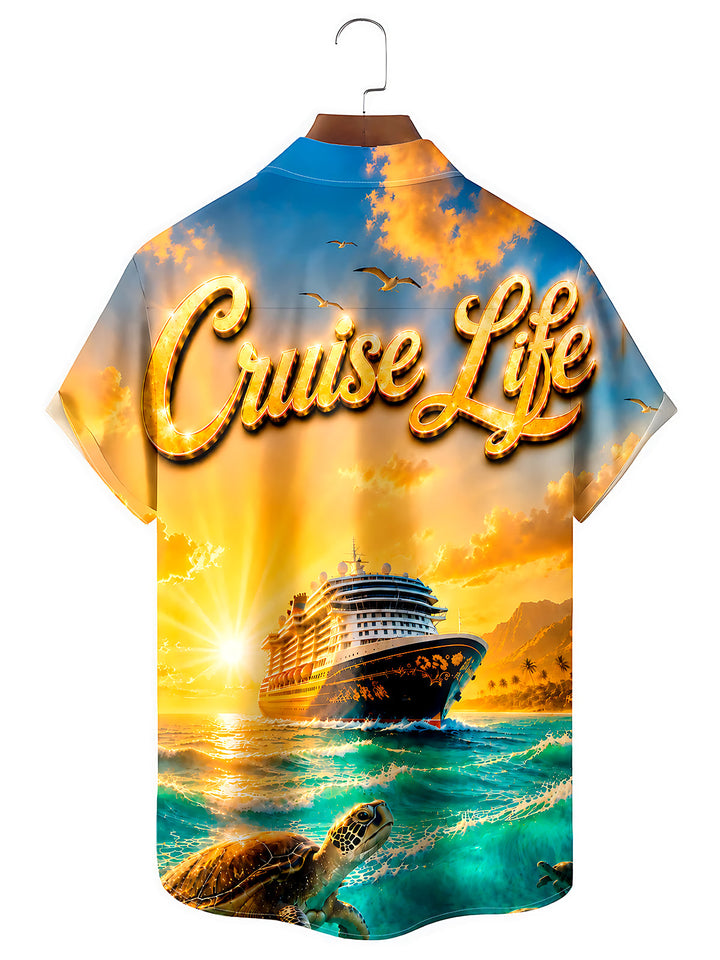 Hawaiian Cruise Life Sunset Turtle Men's Pocket Short Sleeve Shirts