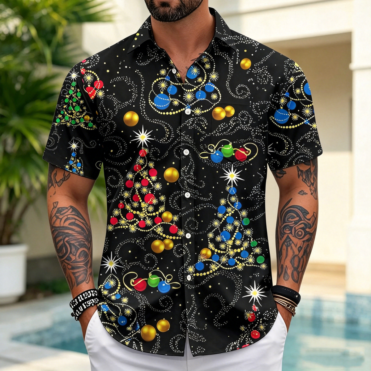 Oceanlyte Christmas Hawaiian Shirts for Men Christmas Tree Short Sleeve Holiday Shirts Trendy Basic Tops for Leisure Vacation fabulous