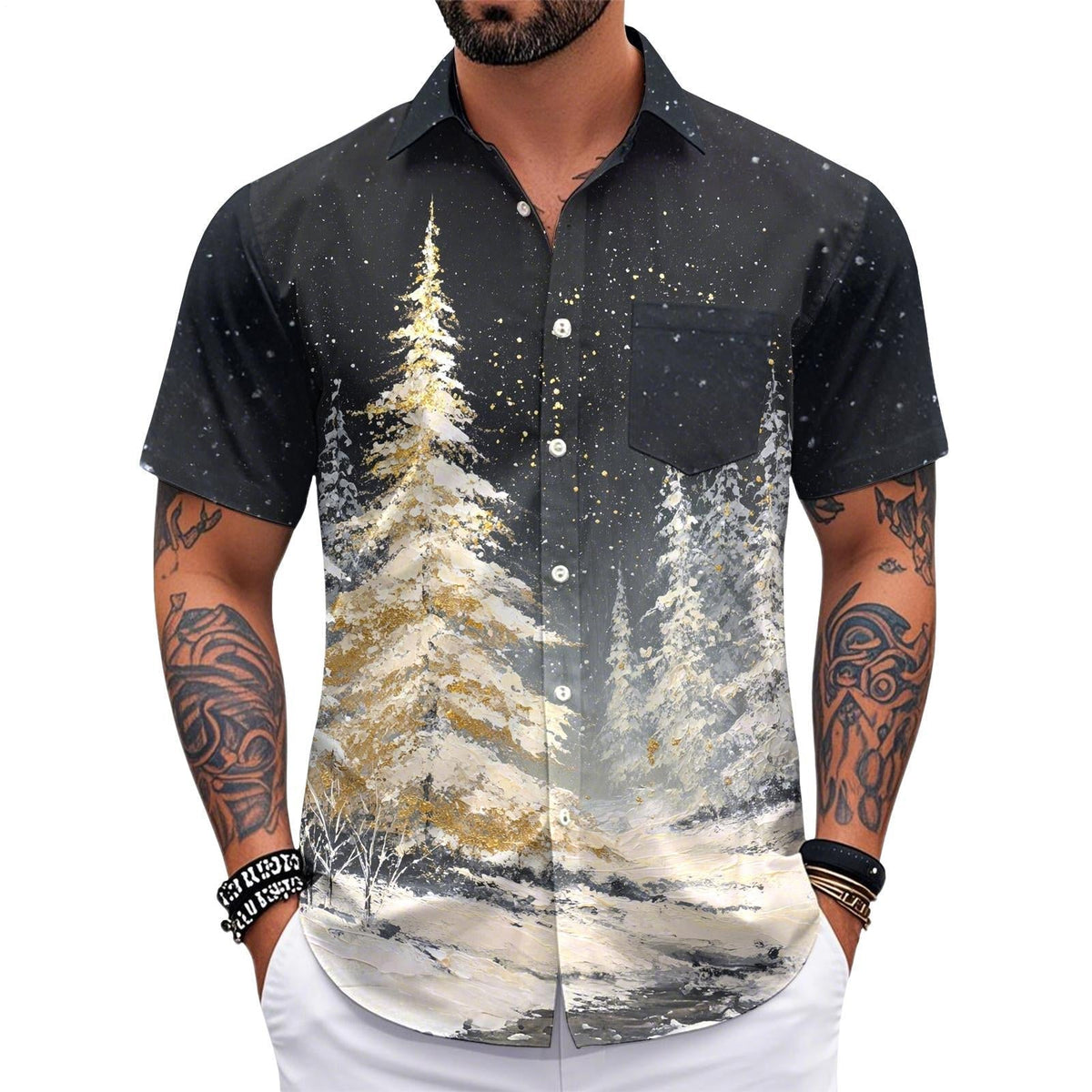 Oceanlyte Christmas Shirts for Men Christmas Tree Button Up Loose Fit Printed Shirts Fashion Casual Tops with Pocket for Party reliable