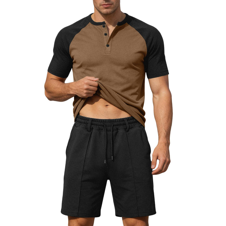 Mens Summer Track Suits 2 Piece Color Block Textured Raglan Short Sleeve T Shirts and Shorts Sets for Travel adaptable