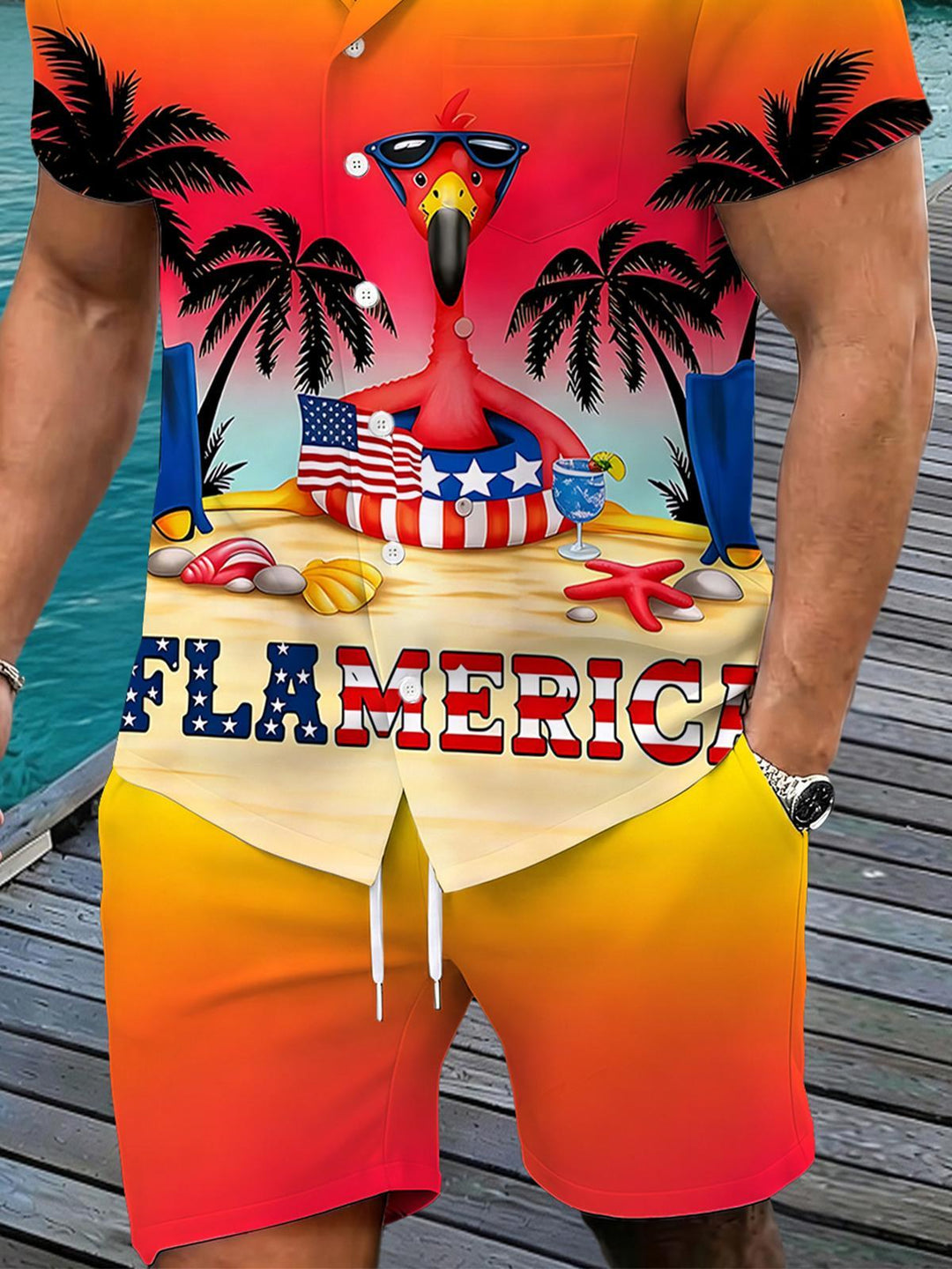 Independence Flamingo Coconut Tree Men's Pocket Short Sleeve Sets