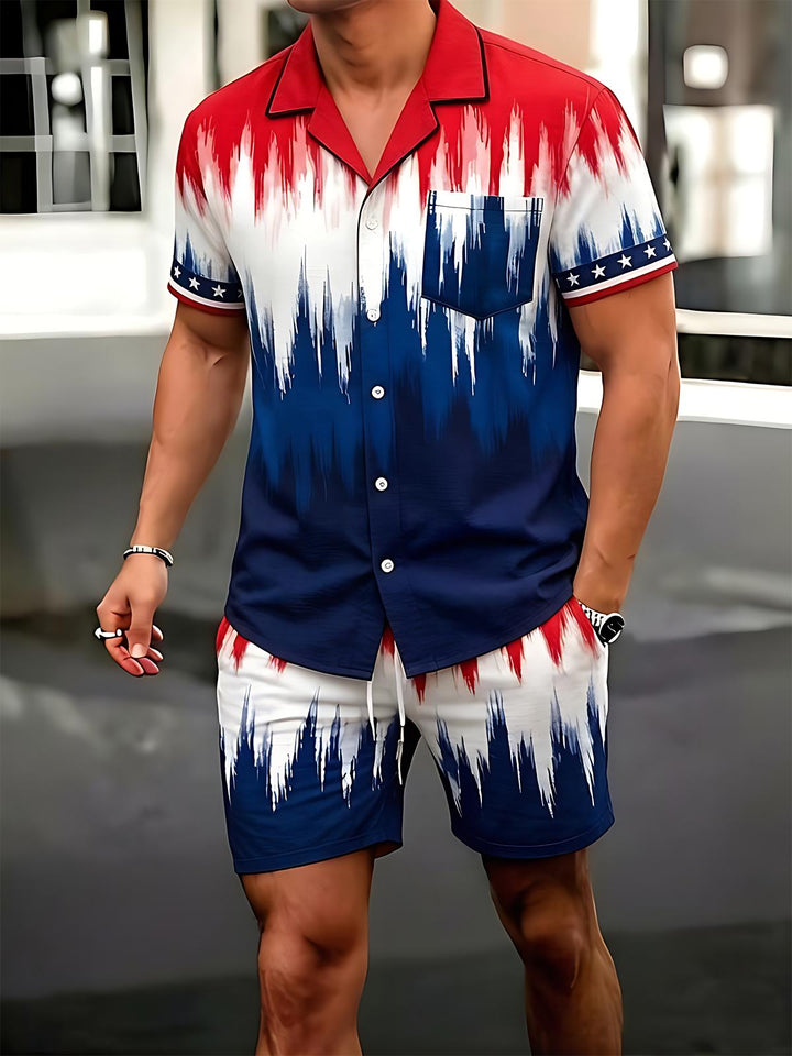 Independence Day American Flag Gradient Tie Dye Men's Pocket Short Sleeve Set