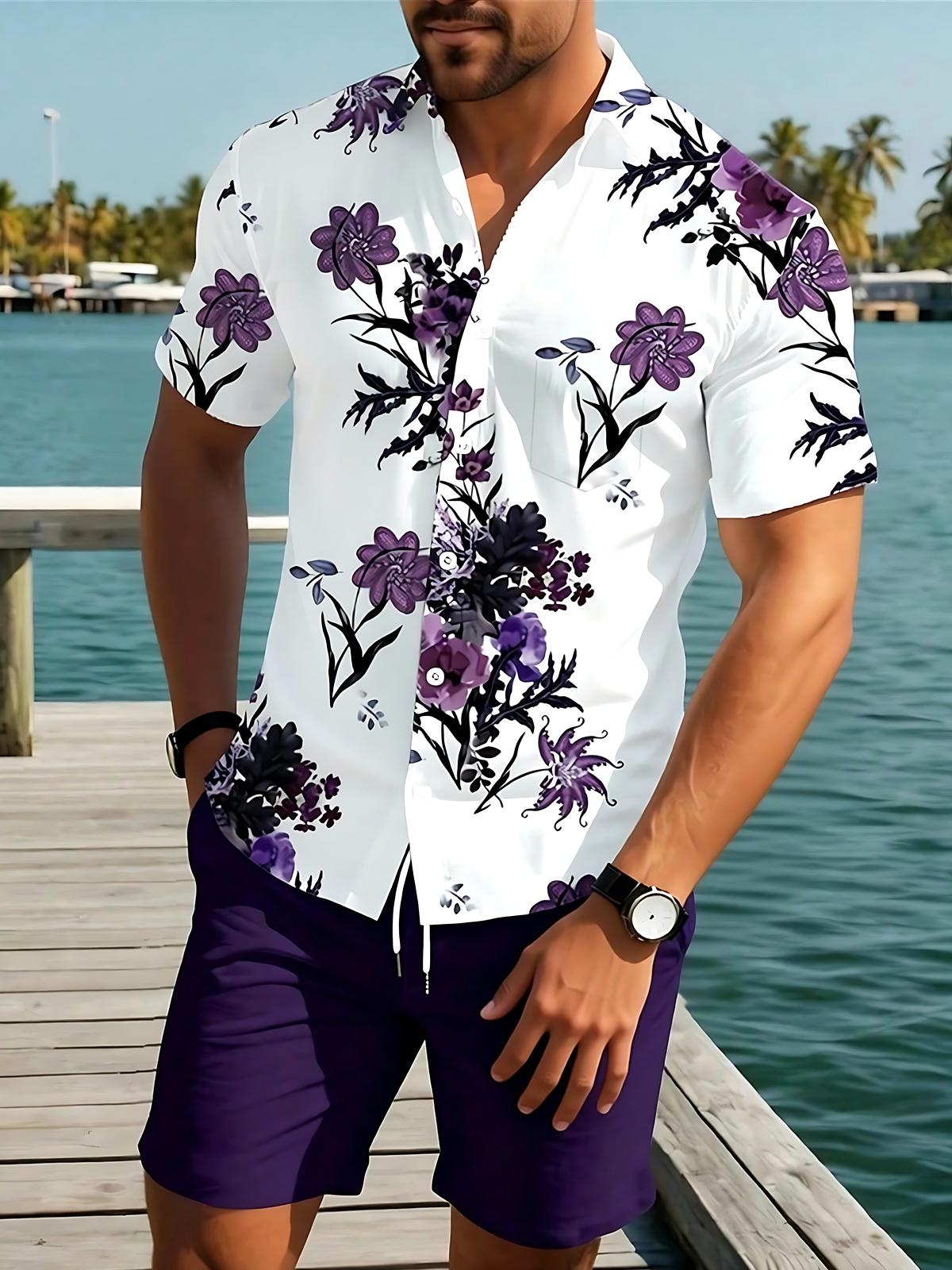 Hawaiian Floral Men's Short Sleeve Pocket Shirts And Shorts Set