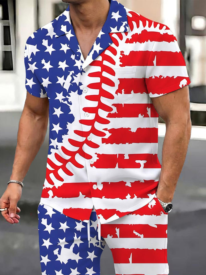 Independence Day Baseball Print Men's Pocket Short Sleeve Set