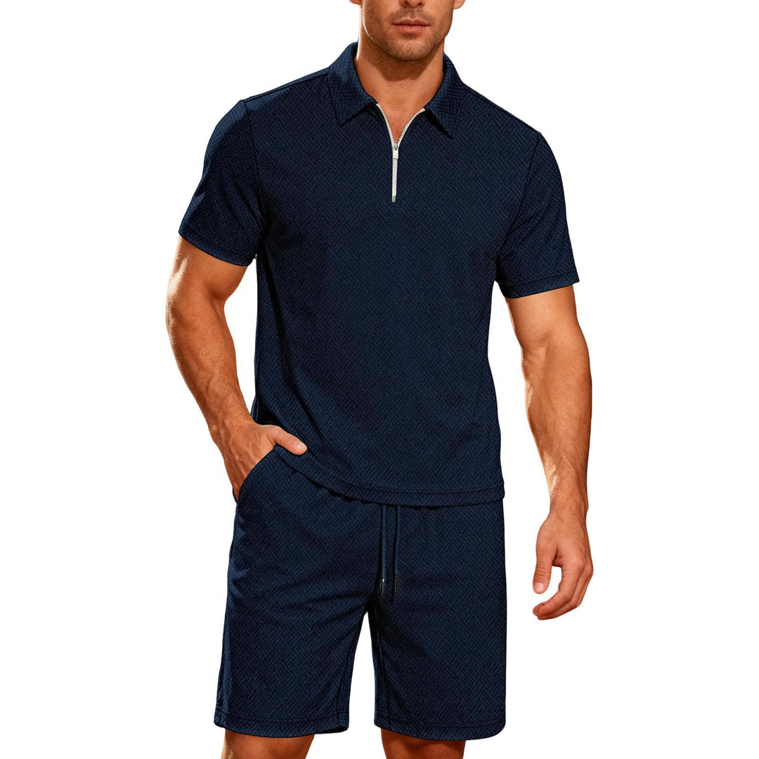 Mens Short Sets 2 Piece Outfits Textured 2 Piece Short Sleeve Collared Quarter Zip Sweatsuit Sets for Travel efficient