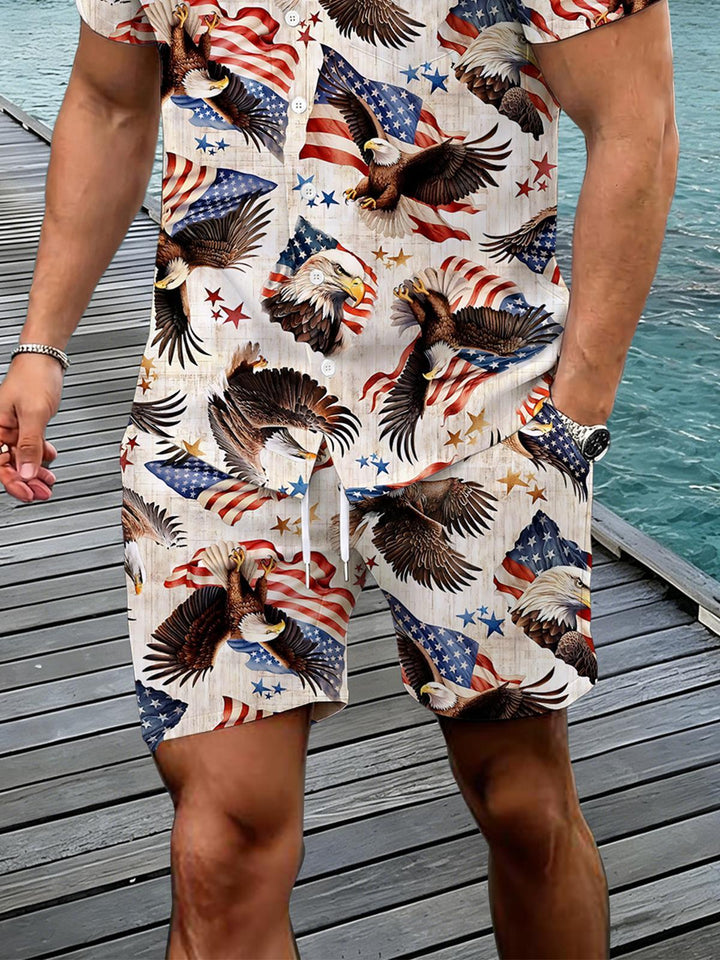 Independence Day American Flag Eagle Men's Pocket Short Sleeve Set