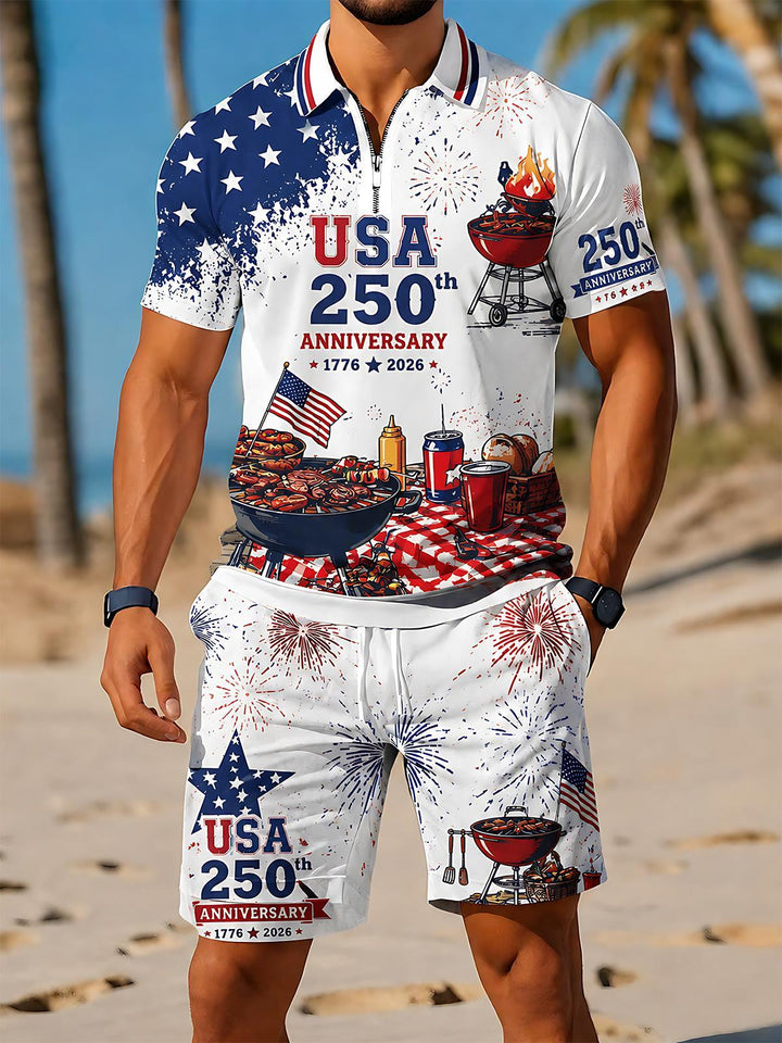 Independence Day USA 250th Anniversary BBQ Party Men's Short Sleeve Zipper Polo Set