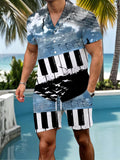 Music Piano Art Print Men's Short Sleeve Cuban Collar Pocket Shirts And Shorts Set