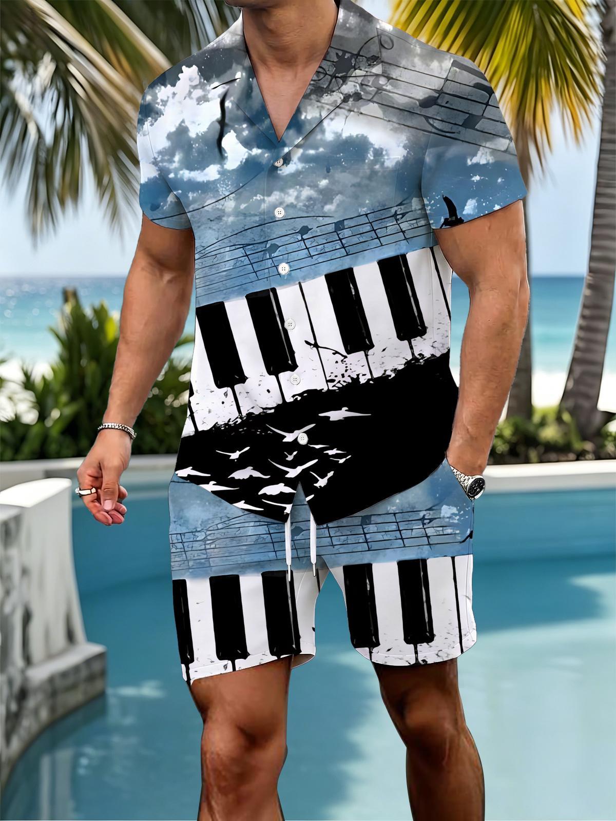 Music Piano Art Print Men's Short Sleeve Cuban Collar Pocket Shirts And Shorts Set