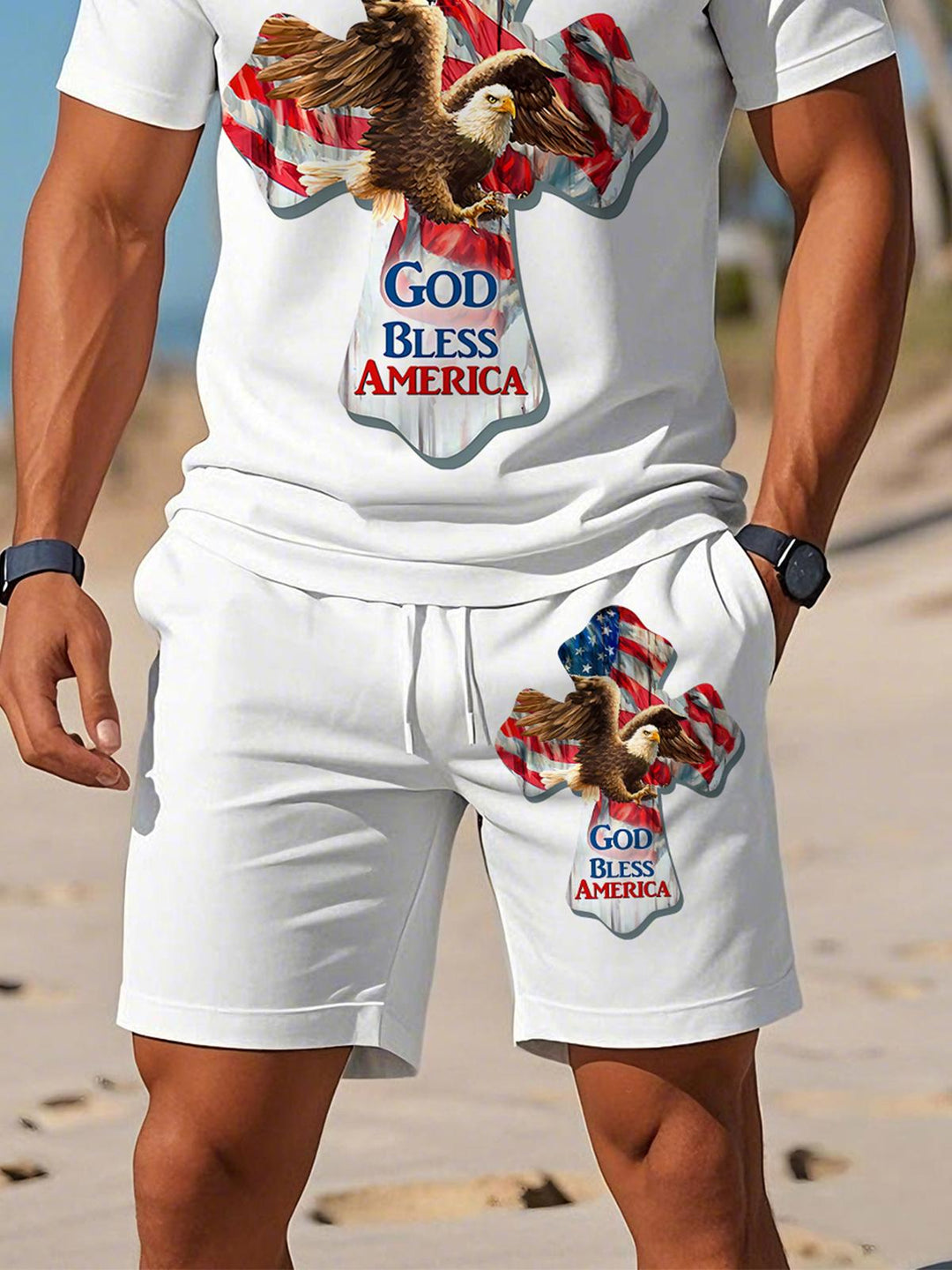 Independence Day Eagle Cross Print Men's Short Sleeve Zipper Polo Set
