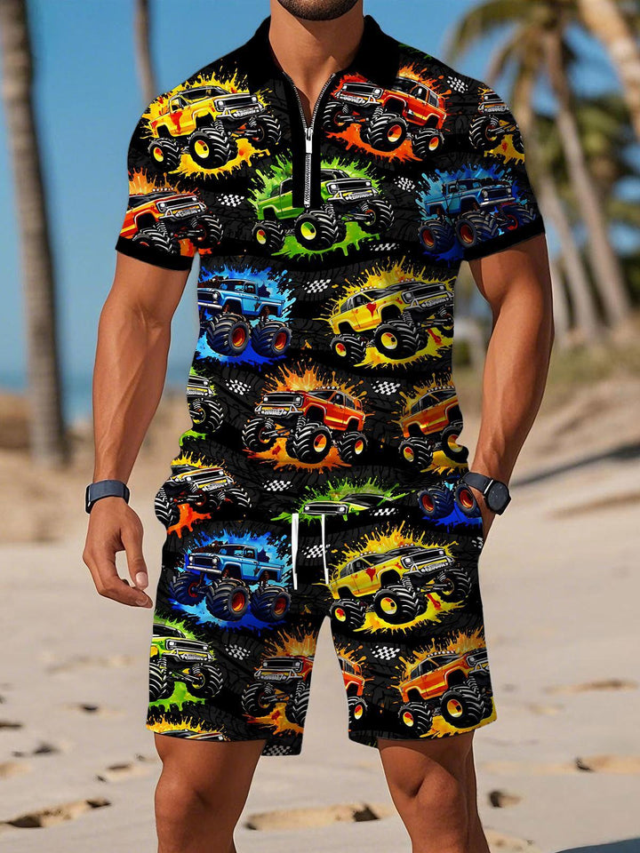 Car Print Men's Short Sleeve Zipper Polo Sets