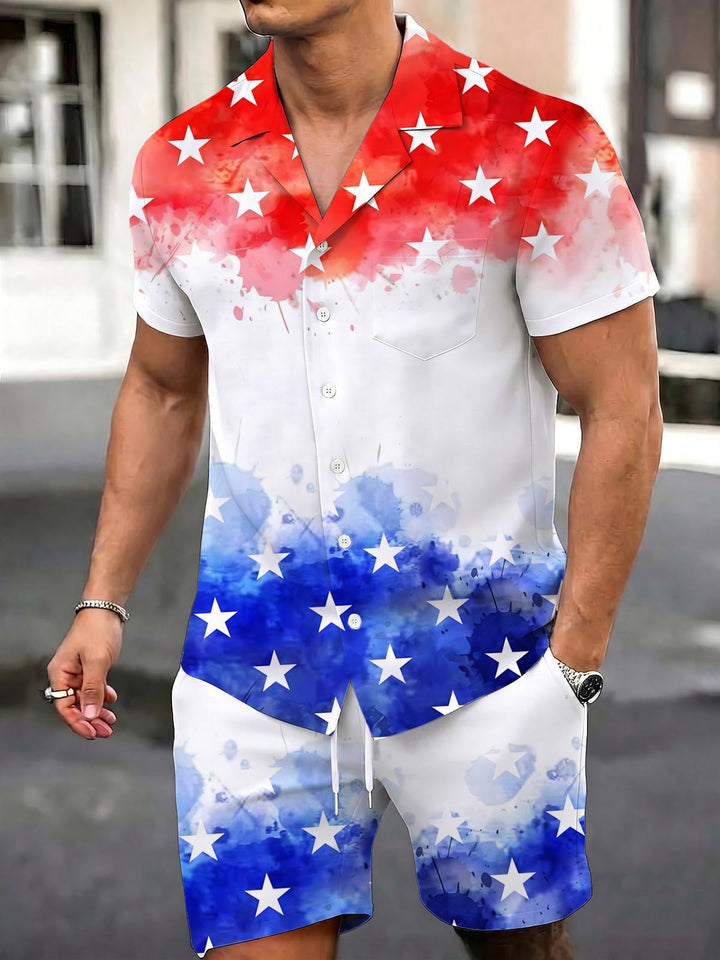 Independence Day Gradient Print Men's Pocket Short Sleeve Sets