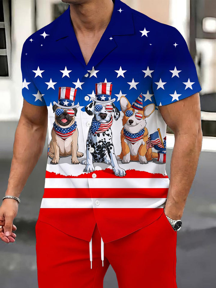 Independence Day Dog Print Men's Pocket Short Sleeve Set