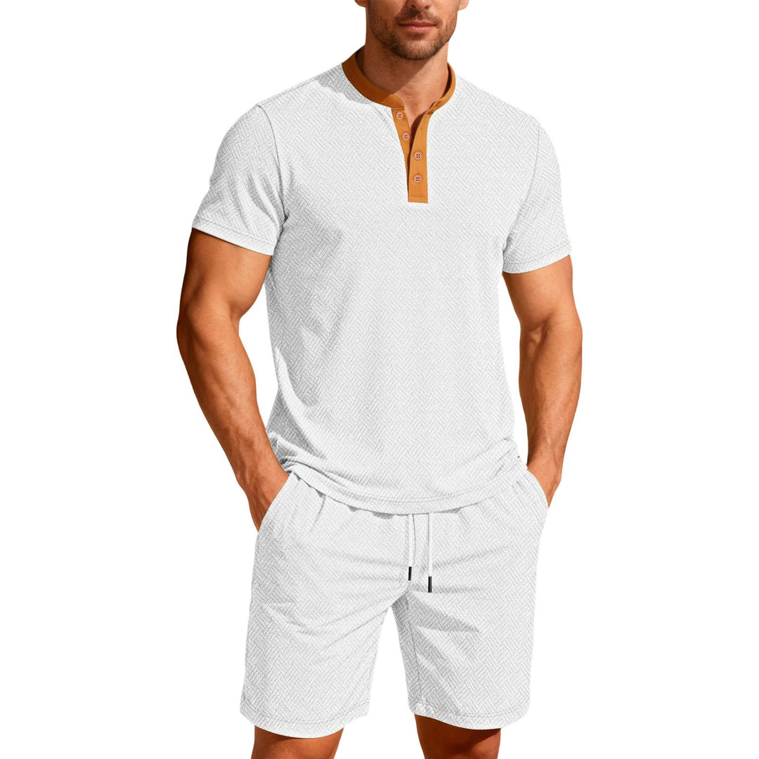 Mens Short Sets 2 Piece Outfits Textured 2 Piece Summer Short Sleeve Crewnek Button Sweatsuit Sets for Gym great gift
