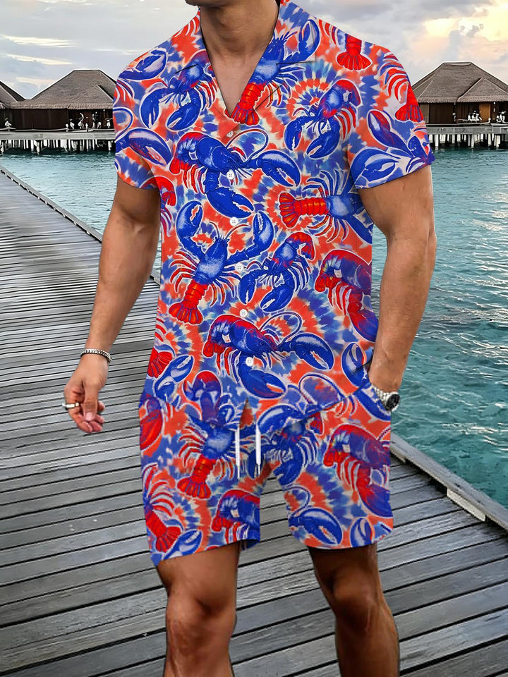 Independence Day Shrimp Print Men's Pocket Short Sleeve Set