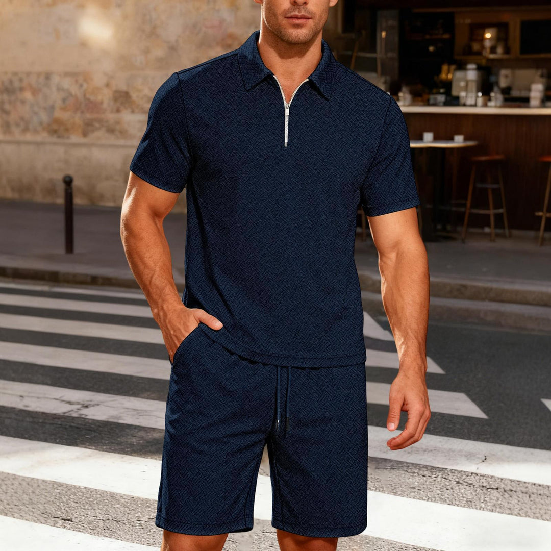 Mens Short Sets 2 Piece Outfits Textured 2 Piece Short Sleeve Collared Quarter Zip Sweatsuit Sets for Travel efficient