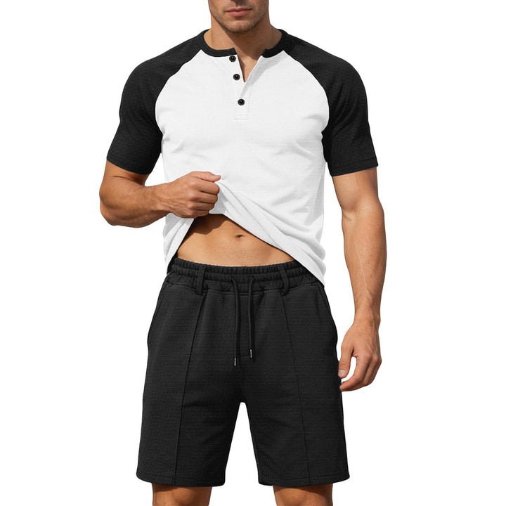 Mens Summer Track Suits 2 Piece Color Block Textured Raglan Short Sleeve T Shirts and Shorts Sets for Travel adaptable