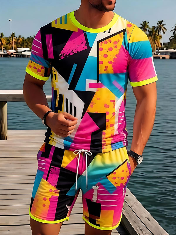 Colorful Neon Geometric Color Block Men's Short Sleeve Round Neck T-shirt And Shorts Set
