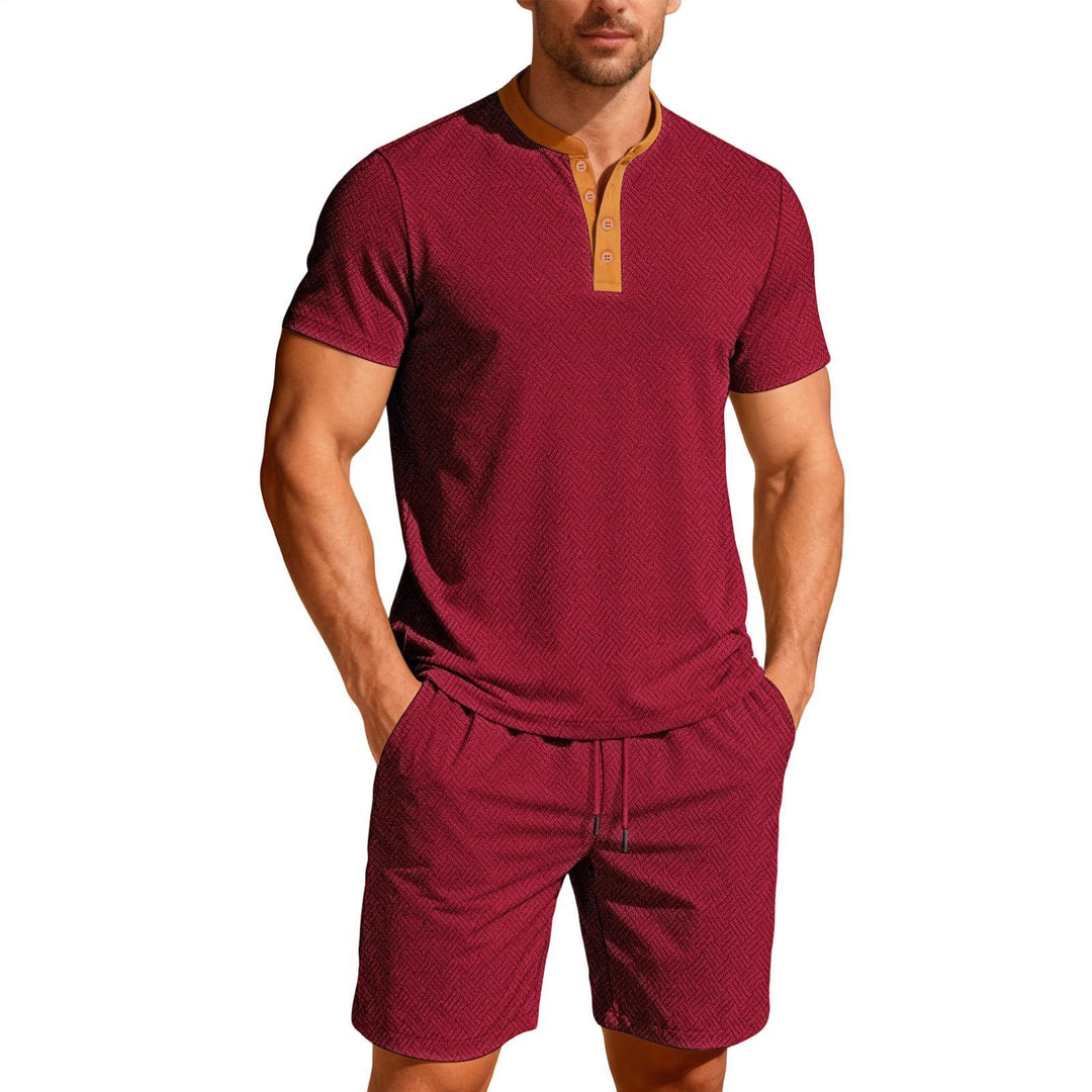 Mens Short Sets 2 Piece Outfits Textured 2 Piece Summer Short Sleeve Crewnek Button Sweatsuit Sets for Gym great gift